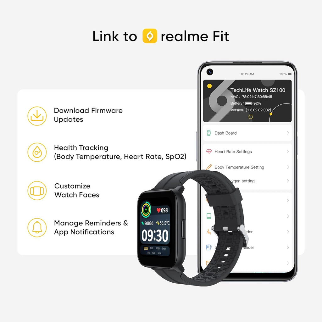 realme Techlife Smart Watch SZ100 1.69" HD Display with SpO2, Heart Rate & Temperature Monitors (Grey Strap, Free Size), Gray (RMW2103)