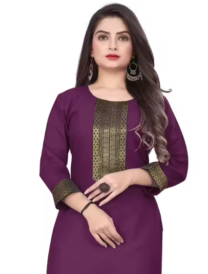 Desigener Kurtis New Collection Plain Cotton Golden Lace Border Pattern Casual Kurta for Girls & Women