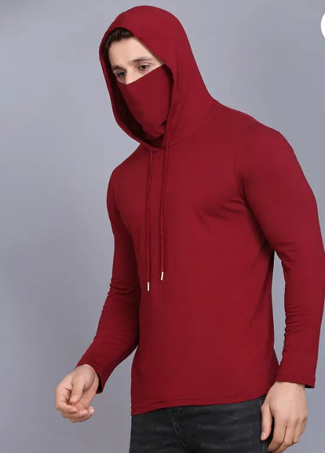 Men Typography Hooded Neck Cotton Blend Maroon T-Shirt