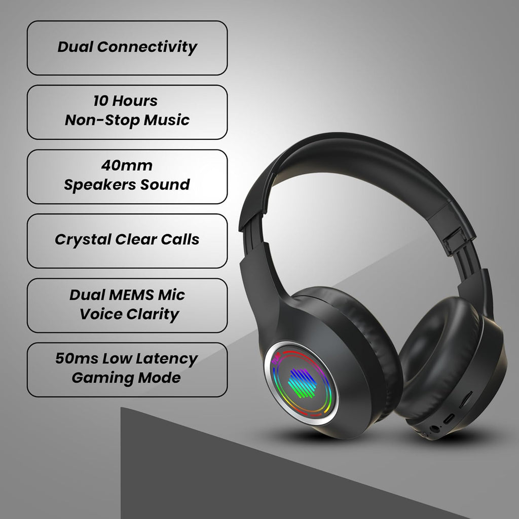Newly Launched BTG 500 Over The Ear Gaming Headphone with 40mm Drivers, 10H of Playtime, Dual Pairing, Gaming Mode (50ms Latency) with RGB LEDs, TF Card with Volume Control, BT 5.4(Metal Black)