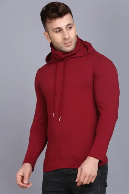Men Typography Hooded Neck Cotton Blend Maroon T-Shirt