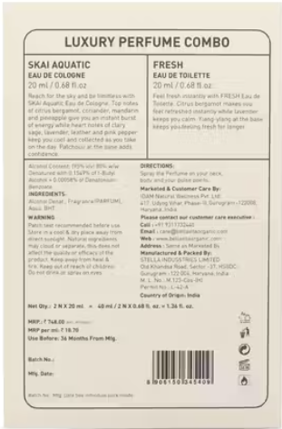 Bella Vita Luxury Unisex FRESH+SKAI Perfume Combo for Men and Women 40 ML (Pack of 2 Items 20ML Each)