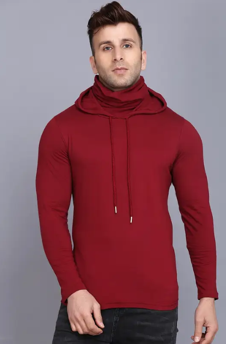 Men Typography Hooded Neck Cotton Blend Maroon T-Shirt