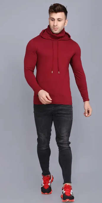 Men Typography Hooded Neck Cotton Blend Maroon T-Shirt