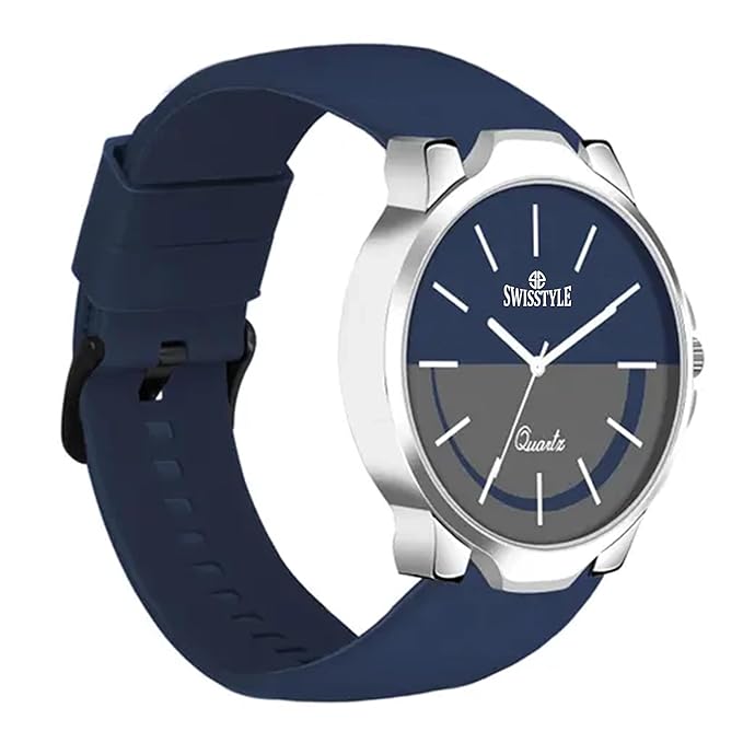 SWISSTYLE Quartz Analogue Watch, Silicone Strap, Silver Case, Dual-Tone Dial