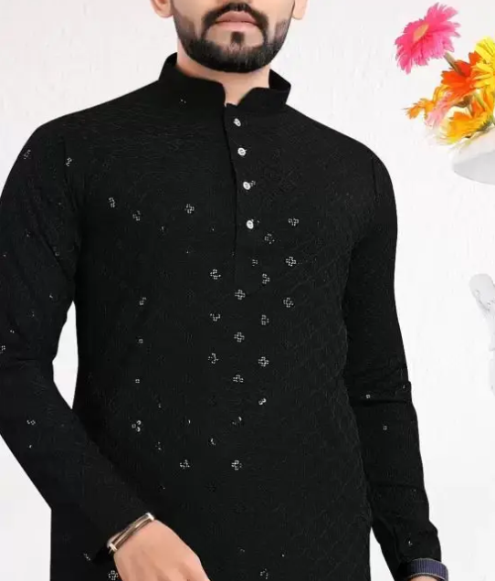 Men Chikankari Unique Embroidery Cotton Rayon Straight Kurta  (Black)