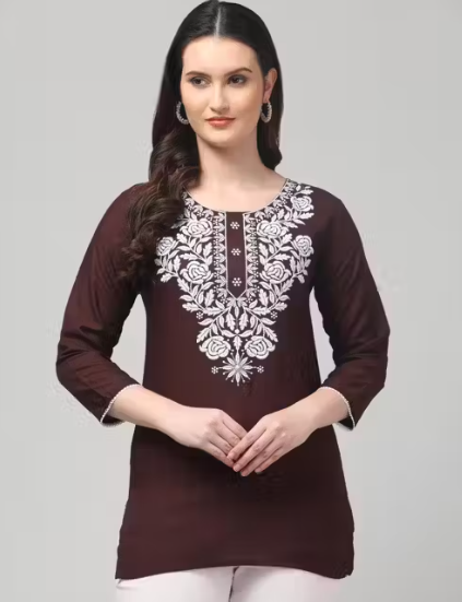 Short Kurti for Women| Embroidered Rayon Kurta | Round Neck Full Sleeves Short Kurti | Tunic Tops for Women