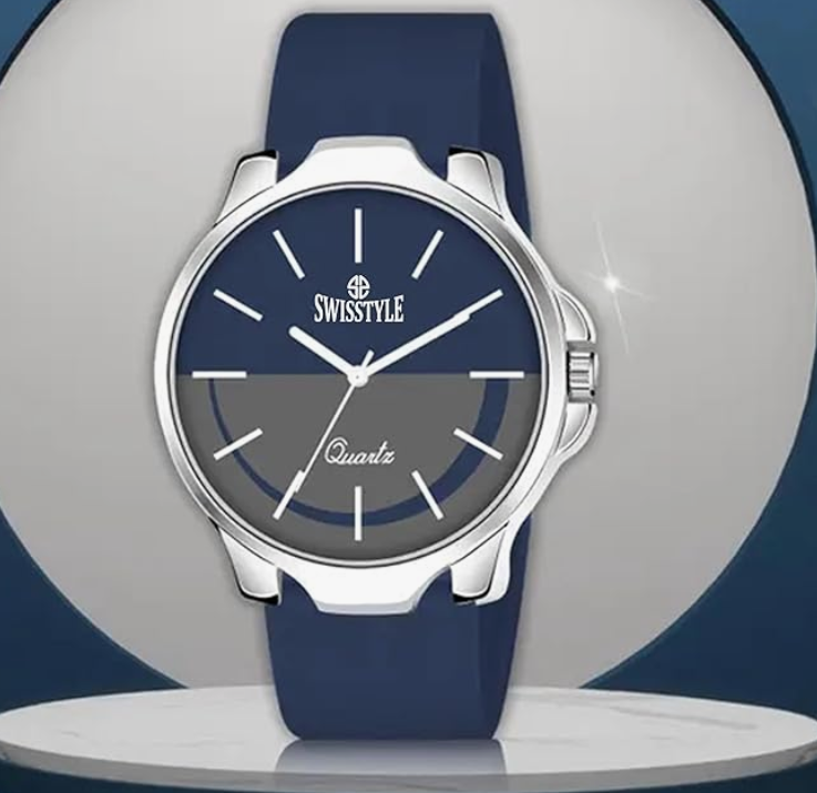 SWISSTYLE Quartz Analogue Watch, Silicone Strap, Silver Case, Dual-Tone Dial