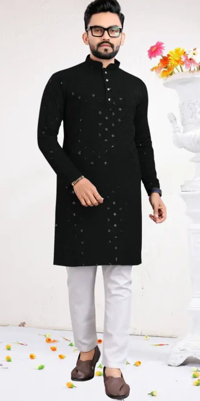 Men Chikankari Unique Embroidery Cotton Rayon Straight Kurta  (Black)