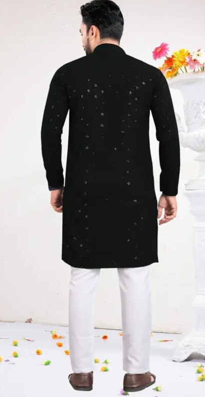 Men Chikankari Unique Embroidery Cotton Rayon Straight Kurta  (Black)