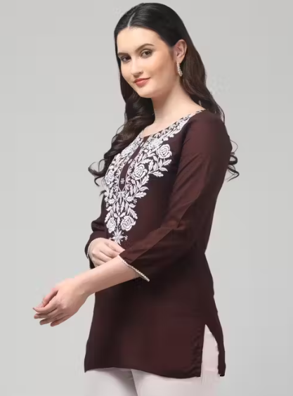 Short Kurti for Women| Embroidered Rayon Kurta | Round Neck Full Sleeves Short Kurti | Tunic Tops for Women
