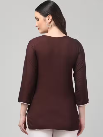 Short Kurti for Women| Embroidered Rayon Kurta | Round Neck Full Sleeves Short Kurti | Tunic Tops for Women