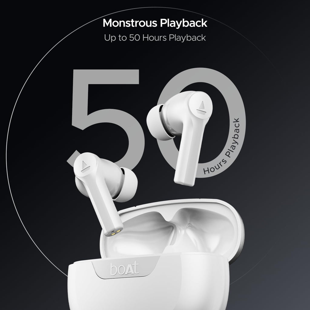 boAt Airdopes 300, Cinematic Spatial Audio, 50HRS Battery, 4Mic AI ENx, Fast Charge, App Support, Low Latency, IPX4, v5.3 Bluetooth TWS in Ear Earbuds Wireless Earphones with mic (Chrome White)