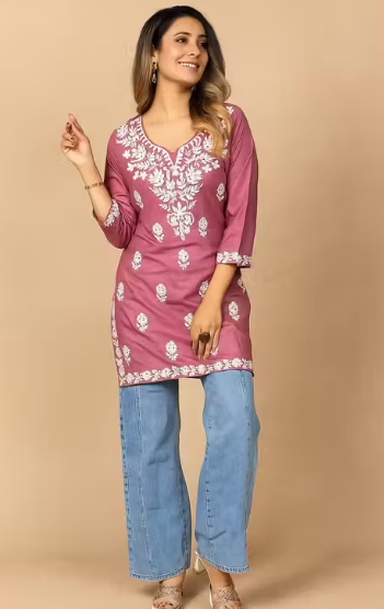 Stylish Chikankari Short Kurti for Women | Latest Pink Embroidered Rayon Kurti Top for Office Wear