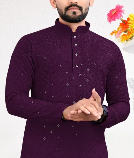 Men Chikankari Trendy Design Embroidery Cotton Rayon Straight Kurta  (Purple)