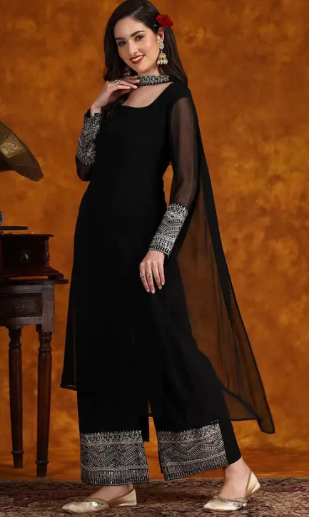 Women Georgette Kurta Palazzo Dupatta Set