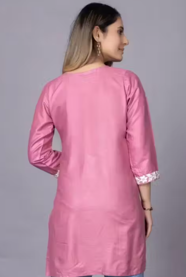 Stylish Chikankari Short Kurti for Women | Latest Pink Embroidered Rayon Kurti Top for Office Wear
