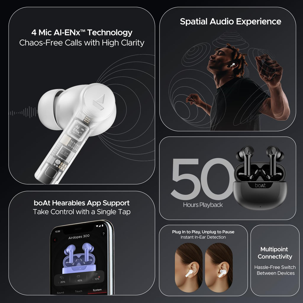 boAt Airdopes 300, Cinematic Spatial Audio, 50H Battery, 4Mic AI ENx, Fast Charge, App Support, Low Latency, IPX4, v5.3 Bluetooth Earbuds, TWS in Ear Earbuds Wireless Earphones with mic (Purple Haze)