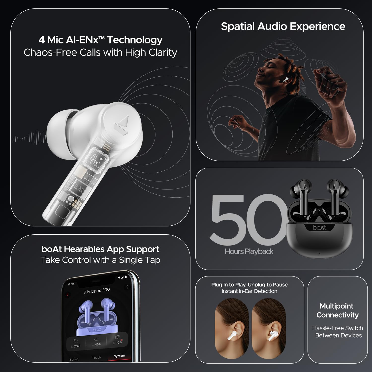 boAt Airdopes 300, Cinematic Spatial Audio, 50H Battery, 4Mic AI ENx, Fast Charge, App Support, Low Latency, IPX4, v5.3 Bluetooth Earbuds, TWS in Ear Earbuds Wireless Earphones with mic (Purple Haze)