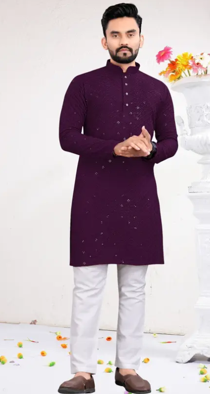 Men Chikankari Trendy Design Embroidery Cotton Rayon Straight Kurta  (Purple)