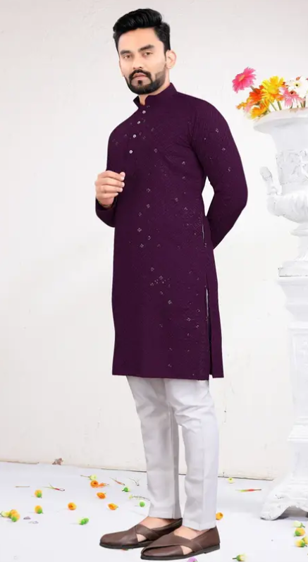 Men Chikankari Trendy Design Embroidery Cotton Rayon Straight Kurta  (Purple)