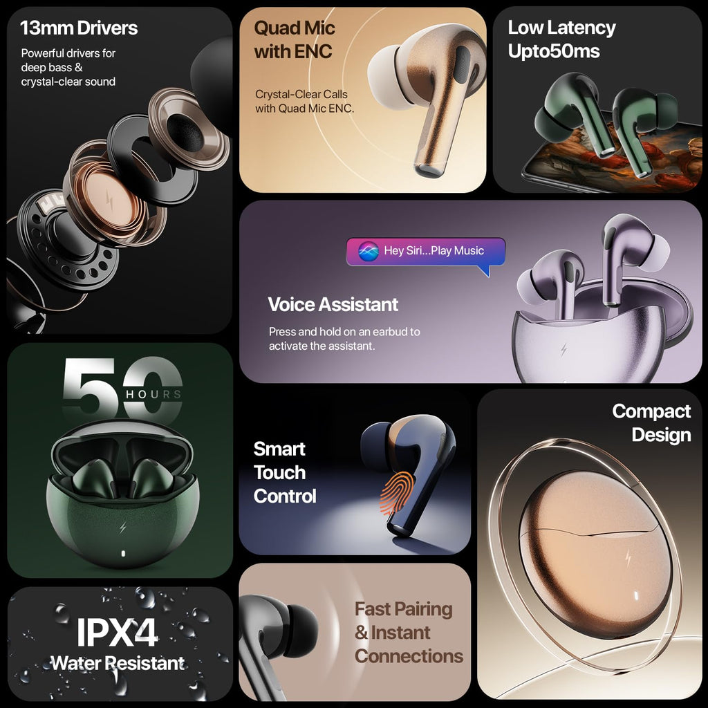 Fire-Boltt Aero TWS Ear Buds Custom EQ, Wireless Bluetooth 5.4, 50H Playtime, 50ms Low Latency, Fast Charging Case, App Support, Touch Controls, IPX4 Waterproof, Gaming & Music