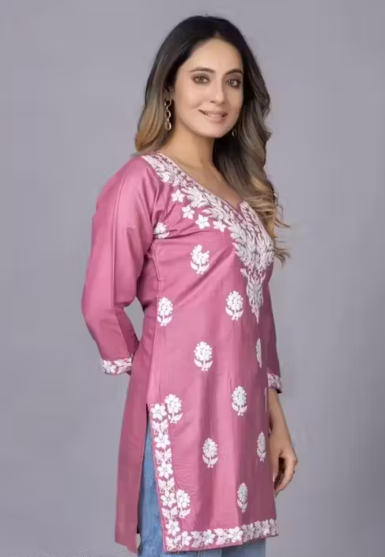 Stylish Chikankari Short Kurti for Women | Latest Pink Embroidered Rayon Kurti Top for Office Wear