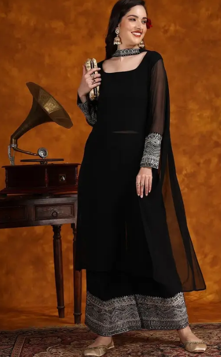 Women Georgette Kurta Palazzo Dupatta Set