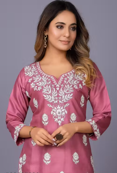 Stylish Chikankari Short Kurti for Women | Latest Pink Embroidered Rayon Kurti Top for Office Wear