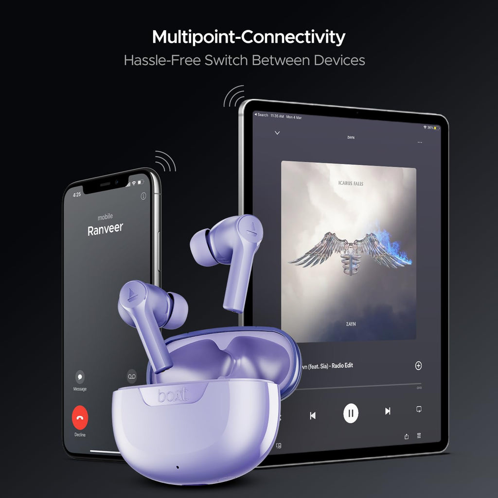 boAt Airdopes 300, Cinematic Spatial Audio, 50H Battery, 4Mic AI ENx, Fast Charge, App Support, Low Latency, IPX4, v5.3 Bluetooth Earbuds, TWS in Ear Earbuds Wireless Earphones with mic (Purple Haze)
