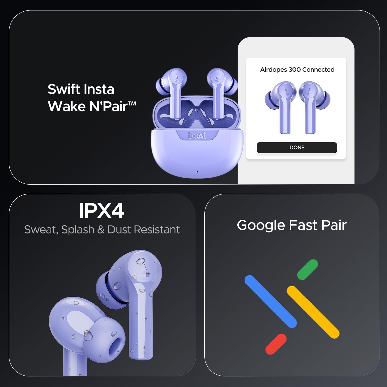 boAt Airdopes 300, Cinematic Spatial Audio, 50H Battery, 4Mic AI ENx, Fast Charge, App Support, Low Latency, IPX4, v5.3 Bluetooth Earbuds, TWS in Ear Earbuds Wireless Earphones with mic (Purple Haze)