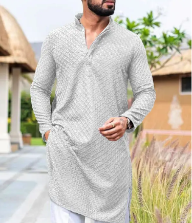 Men Chikankari Silver White Embroidery Cotton Rayon Straight Kurta