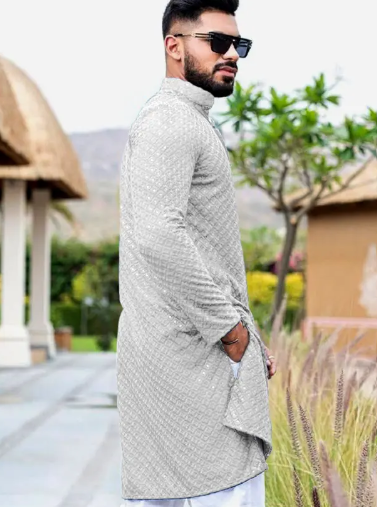 Men Chikankari Silver White Embroidery Cotton Rayon Straight Kurta