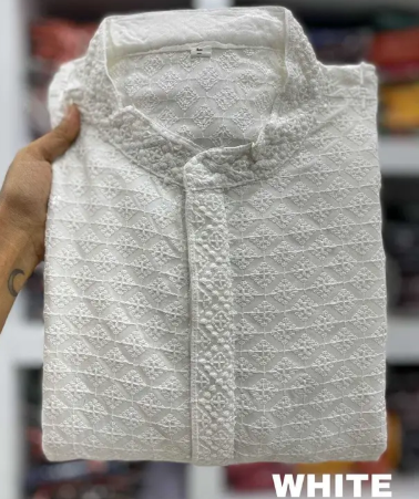 Men Chikankari Silver White Embroidery Cotton Rayon Straight Kurta