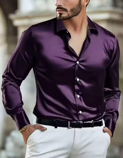 Luxurious satin fabric with a silky-smooth finish Slim-fit design for a modern silhouette Button-down front with crisp collar detailing Ideal for parties, formal occasions, or smart-casual styling