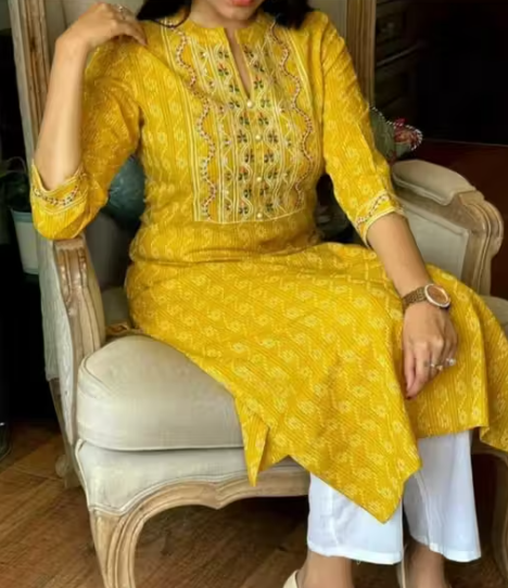 Trendy Fasionable Yellow Cotton Embroidered Kurti