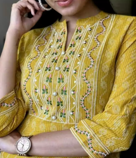 Trendy Fasionable Yellow Cotton Embroidered Kurti