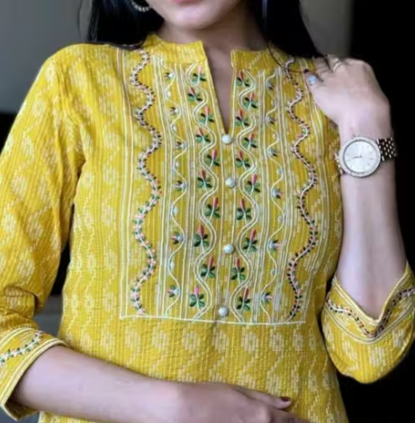 Trendy Fasionable Yellow Cotton Embroidered Kurti