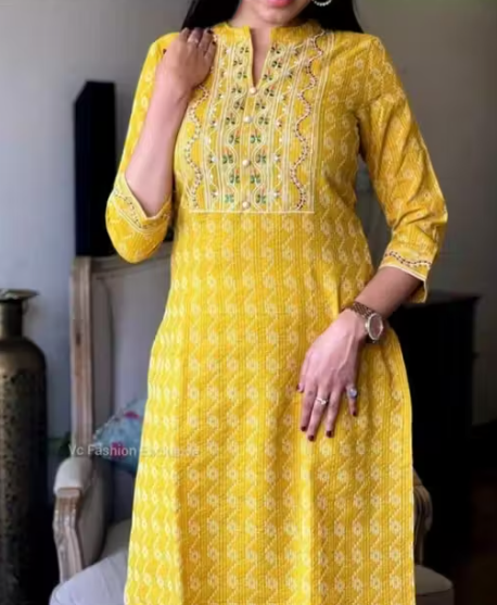 Trendy Fasionable Yellow Cotton Embroidered Kurti