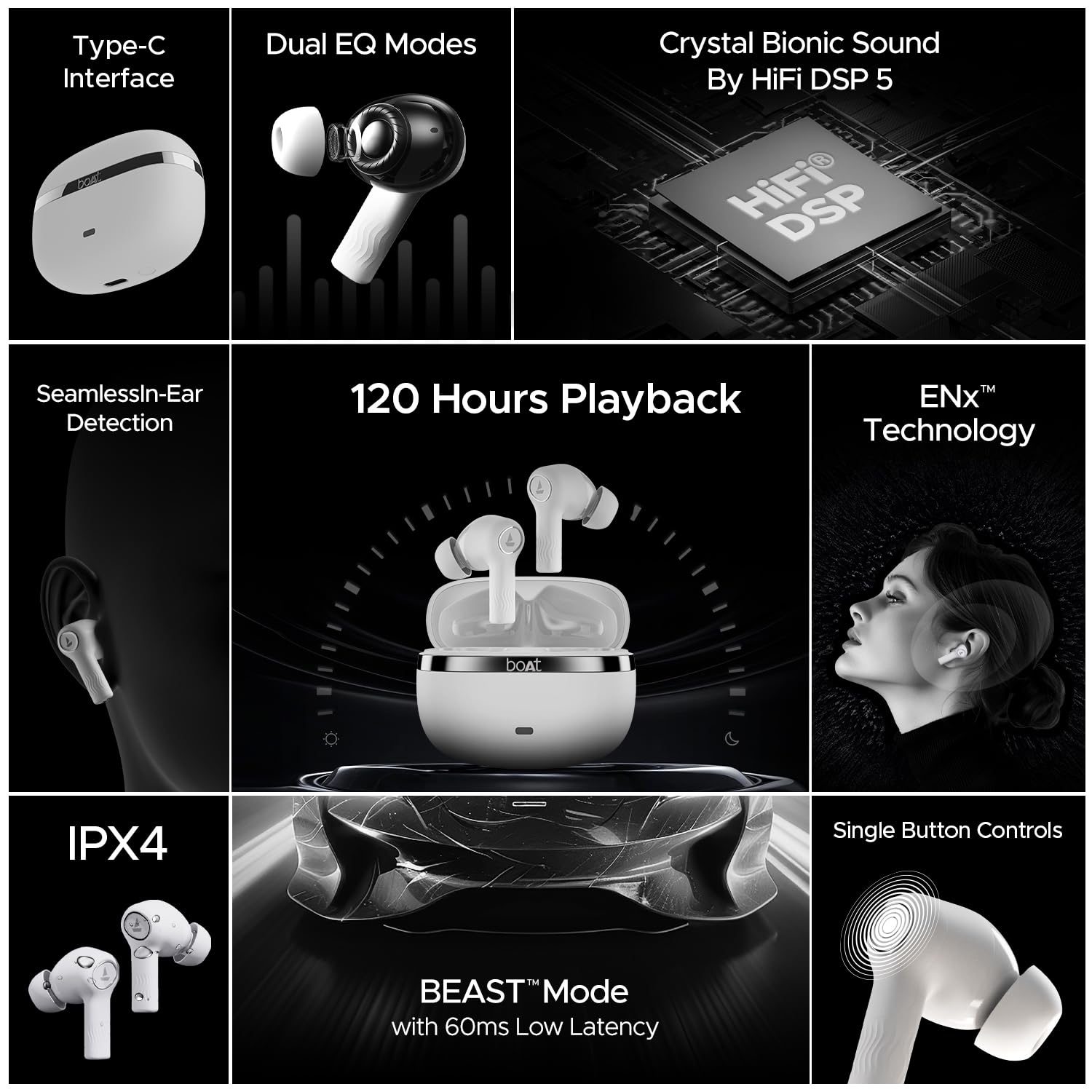 boAt Nirvana Ion, 120HRS Battery, Crystal Bionic Sound w/Dual EQ Modes, 4Mics ENx, App Support, Low Latency, IPX4, v.5.2 Bluetooth TWS in Ear Earbuds Wireless Earphones with mic (Ivory White)