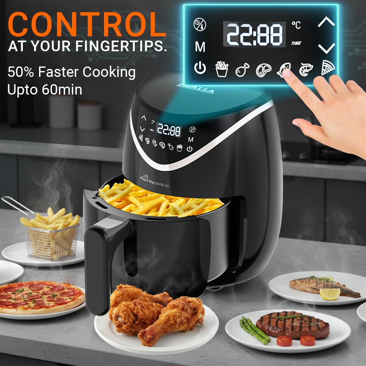 INALSA Air Fryer 3 LTR|1200 W with Air Crisp Technology|Temperature & Timer Control|6 Preset Menu & Digital Display|Air fry, Bake,Roast,Reheat,Dehydrate|Airfryer Recipe book-NutriFryDigital 3