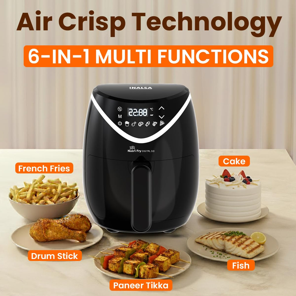 INALSA Air Fryer 3 LTR|1200 W with Air Crisp Technology|Temperature & Timer Control|6 Preset Menu & Digital Display|Air fry, Bake,Roast,Reheat,Dehydrate|Airfryer Recipe book-NutriFryDigital 3