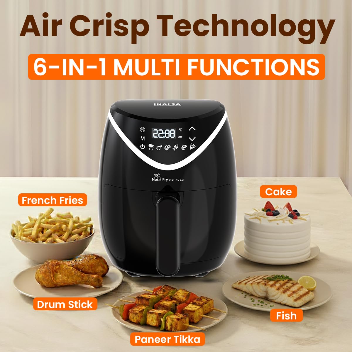 INALSA Air Fryer 3 LTR|1200 W with Air Crisp Technology|Temperature & Timer Control|6 Preset Menu & Digital Display|Air fry, Bake,Roast,Reheat,Dehydrate|Airfryer Recipe book-NutriFryDigital 3