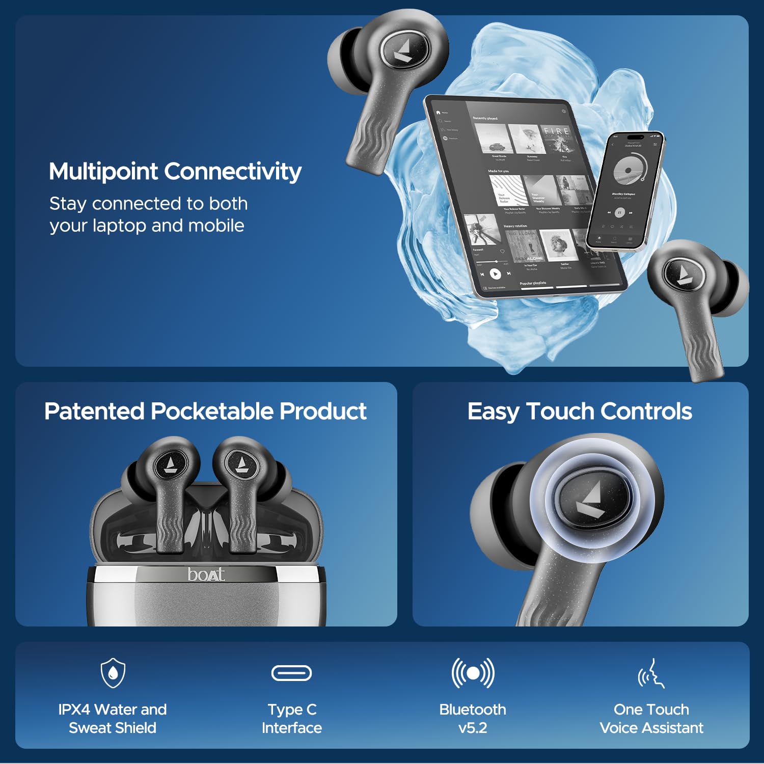 Boat Nirvana Ion ANC, Active Noise Cancellation(~32dB), 120Hrs Battery, App Support, Crystal Bionic Sound, 4Mics ENx, v5.3 Bluetooth TWS in Ear Earbuds Wireless Earphones with mic (Crystal Black)