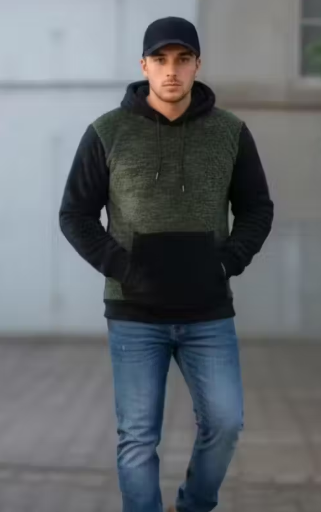 Stylish Olive Green & Black Colorblock Men’s Hoodie with Kangaroo Pocket