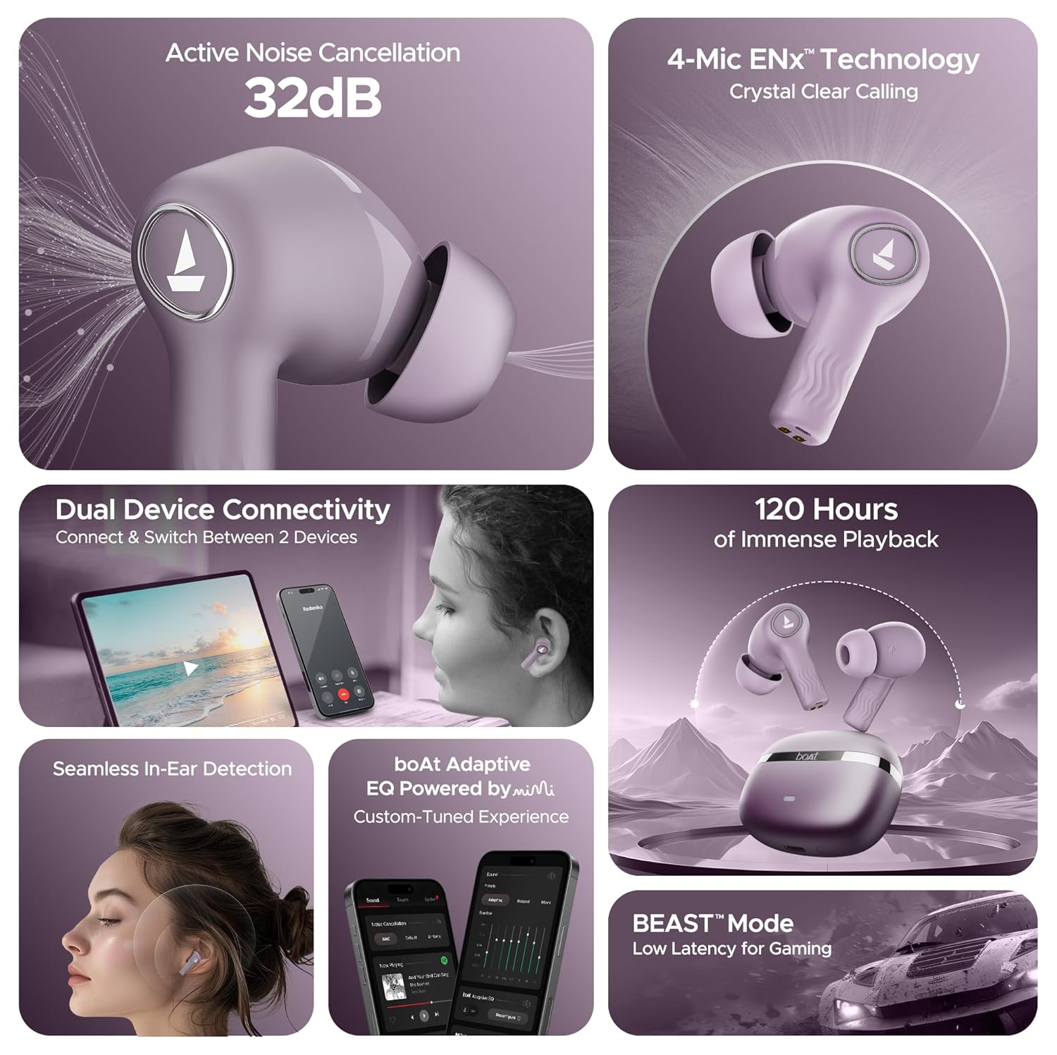 boAt Nirvana Ion ANC, Active Noise Cancellation(~32dB), 120Hrs Battery, App Support, Crystal Bionic Sound, 4Mics ENx, v5.3 Bluetooth Earbuds, TWS Ear Buds Wireless Earphones with mic (Rose Quartz)