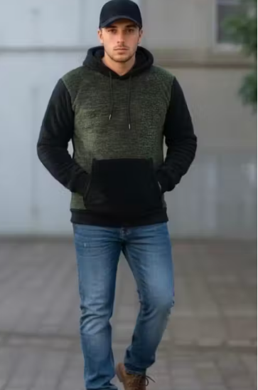 Stylish Olive Green & Black Colorblock Men’s Hoodie with Kangaroo Pocket