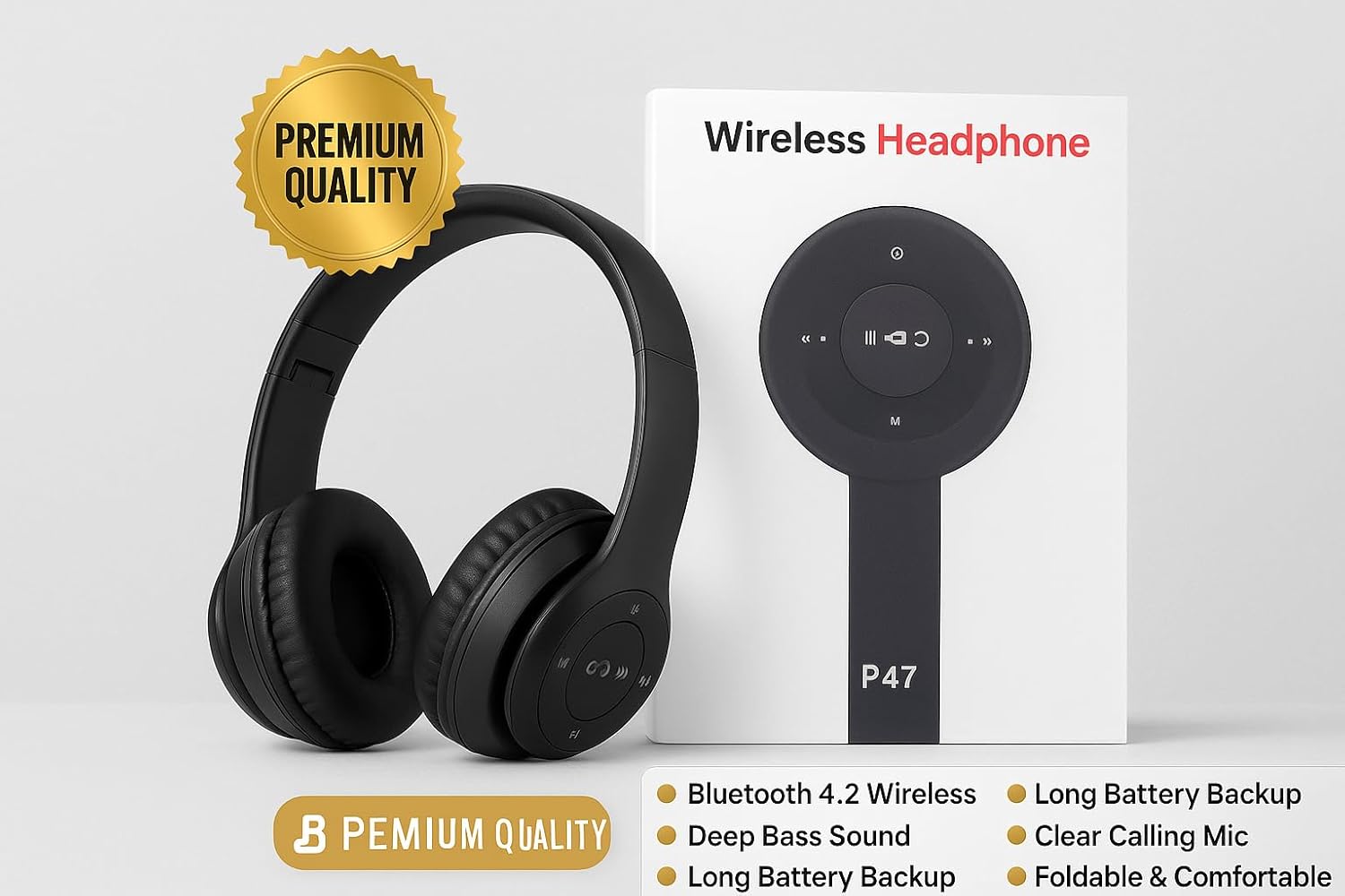 P47 Wireless Bluetooth Headphones, Deep Bass Sound, Foldable Design with Built-in Mic, Black
