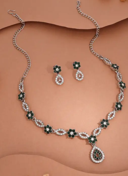 Brass Gold-plated Silver, White, Green Jewel Set  (Pack of 1)