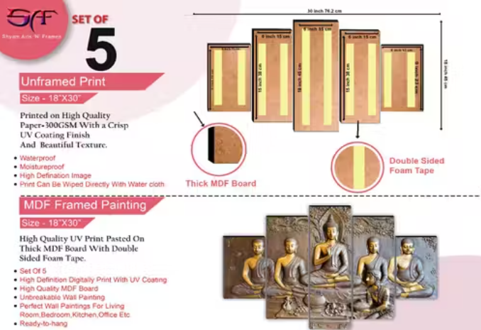 Set of 5 Buddha Religious modern art Home decorative gift item Large Panel Painting 18 Inch x 30 inch